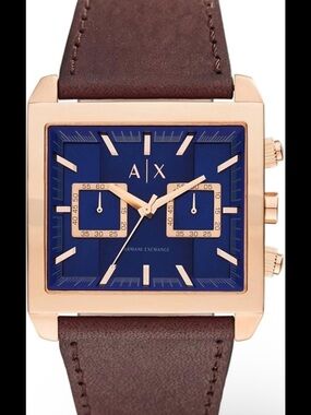 Armani Exchange Rose Gold Square Chronograph Watch - Blue Dial & Brown Strap